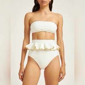 Zimmermann High-Waist White Bandeau Bikini Set with Gold-Trim Ruffle